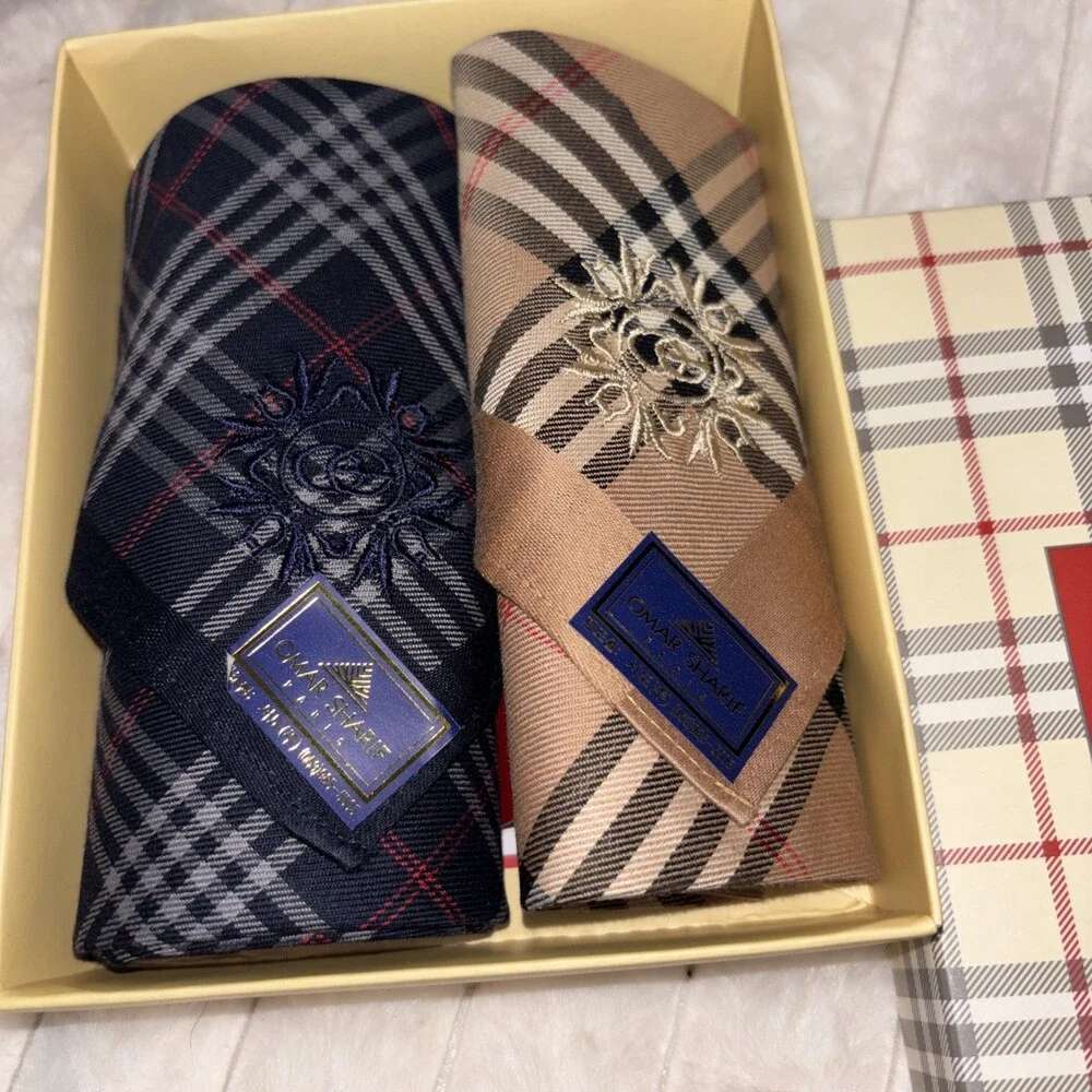 Vintage Omar Sharif Paris Men’s Handkerchief Set - Plaid & Monogram - NIB